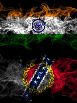 India, Indian vs United States of America, America, US, USA, American, Montgomery, Alabama smoky mystic flags placed side by side. Thick colored silky abstract smoke flags.