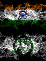 India, Indian vs United States of America, America, US, USA, American, Pee Pee Township, Ohio smoky mystic flags placed side by side. Thick colored silky abstract smoke flags.