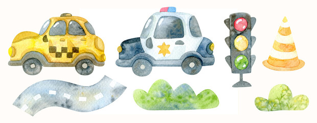 Cartoon watercolor. Road traffic. Cars in the city