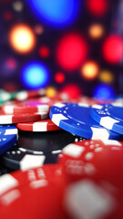 Gaming casino business background with multicolour poker chips. Close up with depth of field 