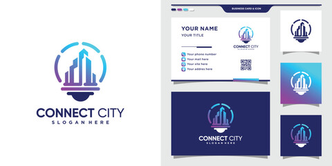 City logo with bulb style and business card design. Inspiration, illustration city tech logo Premium Vector