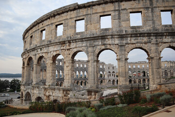 View of the ancient Roman amphitheater, one of the largest colosseums of the Roman Empire, Pula, Croatia, Istria