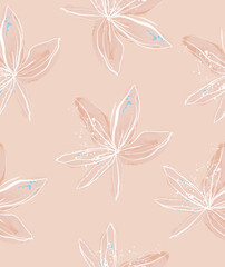 Delicate Hand Drawn Floral Seamless Vector Pattern. Elegant White and Light Brown Sketched Flowers on a Light Blush Pink Background