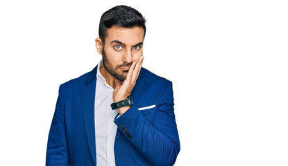 Young hispanic man wearing business jacket thinking looking tired and bored with depression...