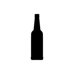 Beer bottle, beverage container. Alcohol drink icon on a white background. A simple logo. Black shape basis for the design. Isolated. Vector illustration.