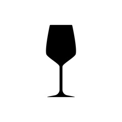 White wine glass silhouette, beverage goblet. Alcohol drink icon on a white background. A simple logo. Black shape basis for the design. Isolated. Vector illustration.
