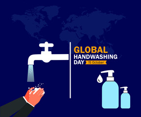 Global Handwashing Day. 15 October. handwashing with water from faucet and world map background. Vector Illustration.