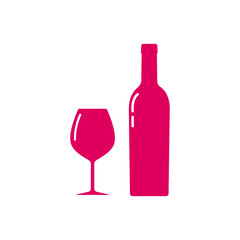 Wine bottle and glass silhouette, beverage container and goblet. Alcohol drink icon on a white background. A simple logo. Shape basis for the design. Isolated. Vector illustration