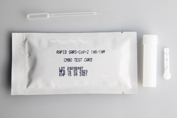 Rapid sars-cov-2 blood test for self testing. A kit of fast covid 19, coronavirus test for personal use at home. 