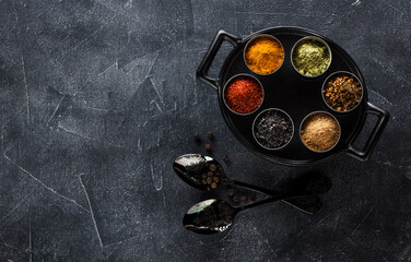 Various spices seasoning spicy, in a pan top view. Indian spices.