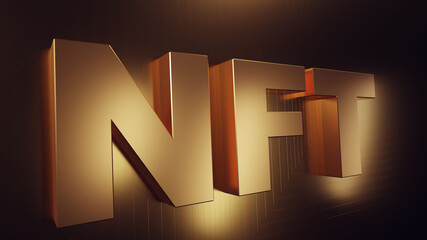 3D render of NFT Non-Fungible Token writing in gold
