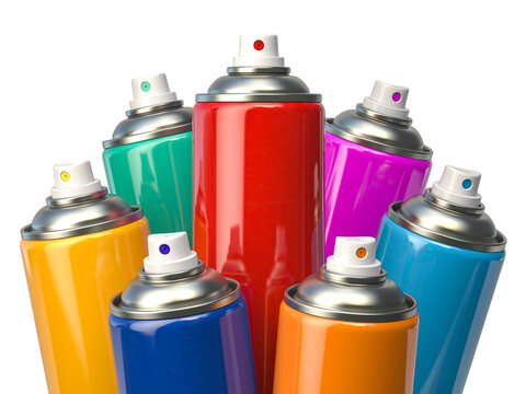 Colorful graffity spray paint cans or bottles of aerosol isolated on white.