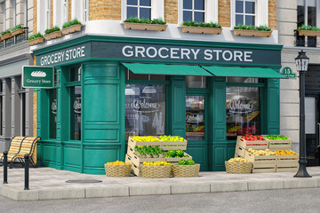 Grocery store shop in vintage style with fruit and vegetables crates on the street. - 429829305