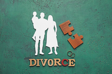 Composition with word DIVORCE on color background