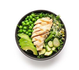Bowl of tasty salad with fresh vegetables and chicken on white background