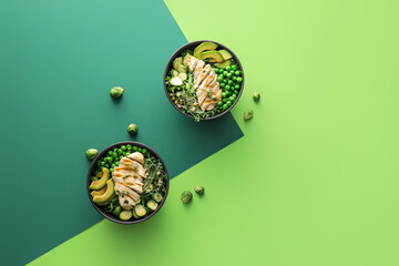Bowls of tasty salad with fresh vegetables and chicken on color background