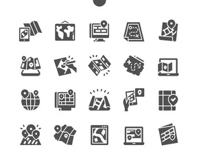 Paper and electronic maps. Location. Electronic map in laptop. Online map. Position, marker, pin, pointer, gps and navigation. Vector Solid Icons. Simple Pictogram
