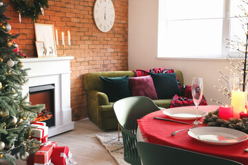 Interior of dining room decorated for Christmas