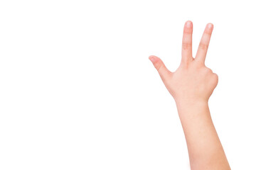child's hand shows three fingers on a white background.
