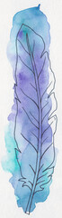 Handmade watercolor blue green and violet bookmark with a feather