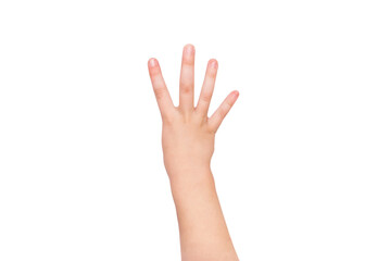 child's hand shows four fingers on a white background.
