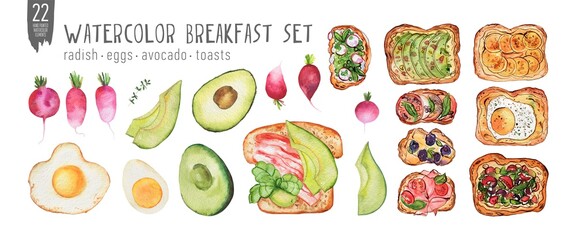 Watercolor colorful healhty breakfast set isolated on white. Colorfull set of food for design a textile, wallpapers, print and banners.