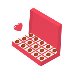 Opened gift box of chocolates with a heart. Red packaging. Vector isolated cartoon illustration