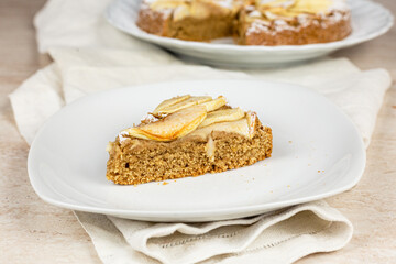 Slice of apple pie without butter and without eggs. Vegan recipe. Cake for breakfast