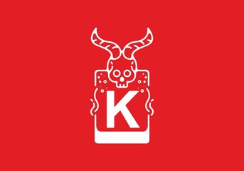 White red line art illustration of skull with K initial letter in the middle