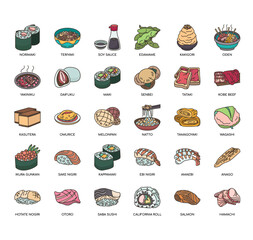 Set of japanese food  thin line and pixel perfect icons for any web and app project. © AmethystStudio