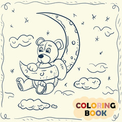 Coloring Book for Young Children contour illustration in doodle style Teddy bear toy weighs on the moon trying not to fall on the background of clouds