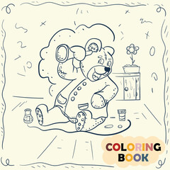 Coloring book for young children contour illustration in the style of doodle Teddy bear toy in the costume of a medical doctor sedit among medicines