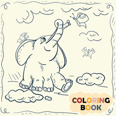Coloring Book for Young children outline illustration in doodle style little elephant sitting among clouds with butterflies