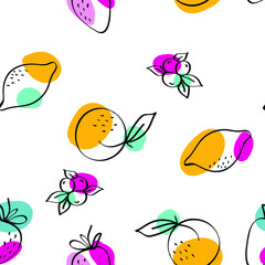 Color Apricot and Lime Vector White Seamless Pattern. Drawing Orange and Berry Design. Pink and Yellow Lemon and Strawberry Cute Wallpaper.