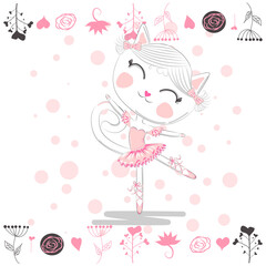 Fototapety  Hand drawn beautiful, lovely, little ballerina with cat.