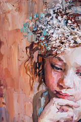 Fragment of a portrait of a young, dreamy girl with flowers in curly brown hair. The oil painting is created in oil with expressive strokes.