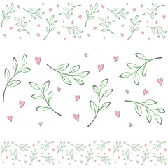 Spring seamless border of twigs, branches on a white background with small hearts. Vector horizontal pattern for greeting card, wedding invitation, packaging, wrapper, flyer, printing on tape, ribbon
