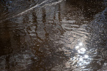 Bright sunlight and small waves on a spring puddle.