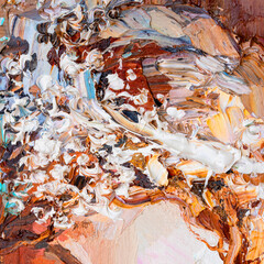 .Embossed pasty oil paints and reliefs. Primary colors: brown, white, yellow, orange. Abstract art. Mix of paints.