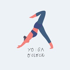 Woman doing yoga, freehand drawn lettering: yoga o'clock. Stylized vector illustration