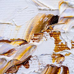 .Embossed pasty oil paints and reliefs. Primary colors: brown, white, yellow, orange. Abstract art. Mix of paints.