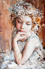 Fragment of a portrait of a young, dreamy girl . The oil painting is created in oil with expressive strokes.