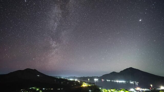 Landscape of Mount Batur Volcano and Lake in Kintamani, Bali, Indonesia - Nightscape Sky Starry Night Stars Milky Way Astro Time Lapse