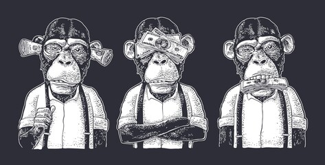 Three wise monkeys. Not see, not hear, not speak. Vintage engraving - obrazy, fototapety, plakaty