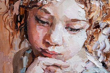 Fragment of a portrait of a young, dreamy girl . The oil painting is created in oil with expressive strokes.