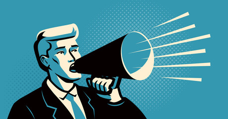 Man holding a loudspeaker shouts announcing. Business concept. Megaphone vector illustration