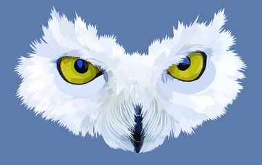 Polar owl mask isolated on gray background. The yellow large round eyes and beak are framed with feathers. Illustration. Vector, eps10.