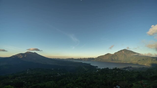 Landscape of Mount Batur Volcano and Lake in Kintamani, Bali, Indonesia - Sunset Time Lapse