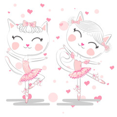 Happy cat girl in ballet costume dance on a piano on polka dot background illustration vector.