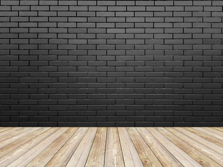 Interior room with brick wall and wooden floor.